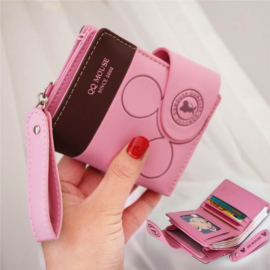 Pureti Popular Women's Wallet with Simple Wrist Strap, Folding Korean Style Cartoon Zipper Student Coin Purse