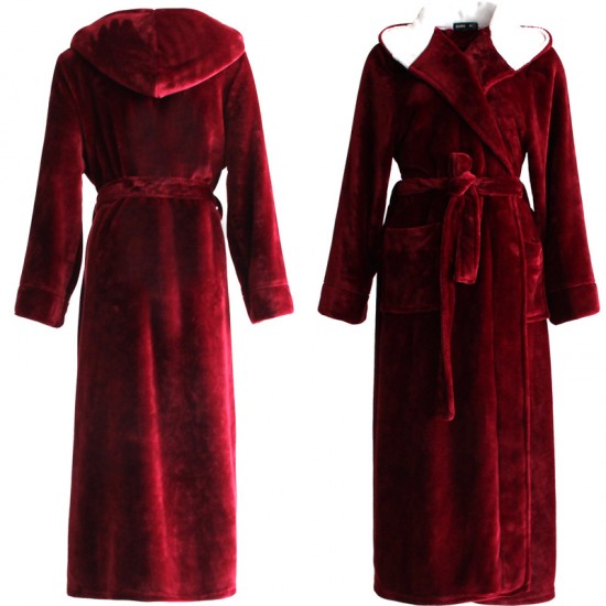 INS nightgown, women's winter, mid-length, thickened, hooded flannel bathrobe, cute coral fleece pajamas for students, autumn.