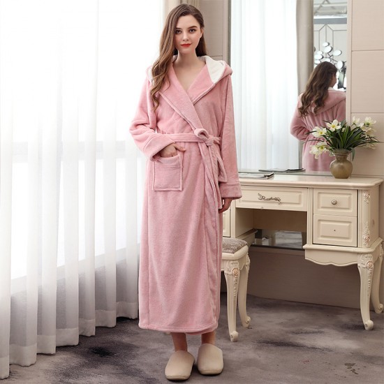INS nightgown, women's winter, mid-length, thickened, hooded flannel bathrobe, cute coral fleece pajamas for students, autumn.