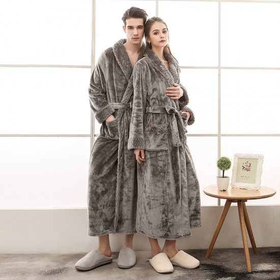 Autumn and Winter Plus Size Flannel Couple's Nightgown for Men and Women Baby Fleece Spliced ​​Thickened Long Bathrobe
