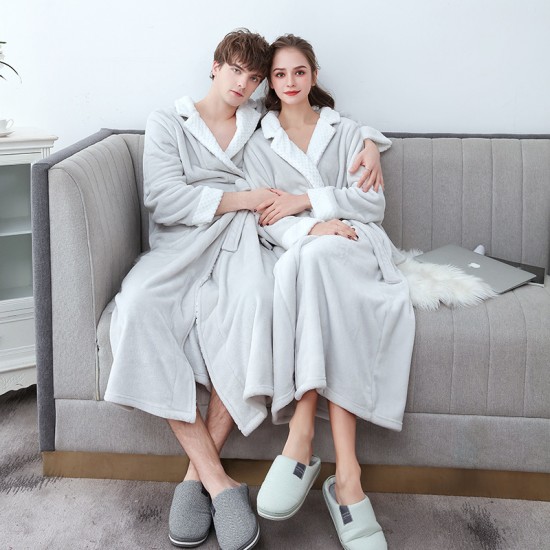 Autumn/Winter Lightweight Double-Layer Thickened Flannel Nightgown for Men, Extra-Long Large Jacquard Composite Couple's Bathrobe for Women