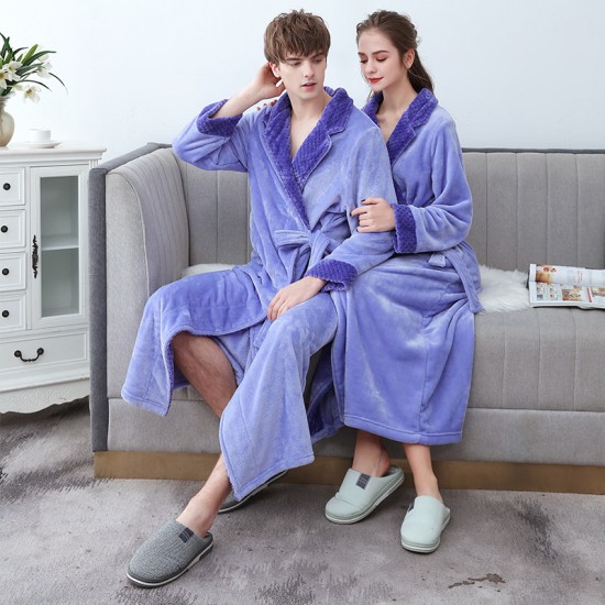 Autumn/Winter Lightweight Double-Layer Thickened Flannel Nightgown for Men, Extra-Long Large Jacquard Composite Couple's Bathrobe for Women