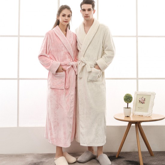 Autumn and Winter Plus Size Flannel Couple's Nightgown for Men and Women Baby Fleece Spliced ​​Thickened Long Bathrobe