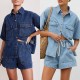European and American Cross-Border Retro Casual Loose Pockets Short-sleeved shirt and shorts denim two-piece set