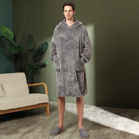 Autumn/Winter Plus Size Flannel Couple's Nightgown, Women's Winter Extra-Long Coral Fleece Bathrobe, Men's European Size Loungewear