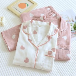 Summer women's pajamas, pure cotton double-layer gauze, thin, short-sleeved, cropped, round-neck, two-piece loungewear set for outdoor wear