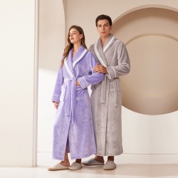 European Size Extra-Long Plush Cut Velvet Hooded Striped Couple's Nightgown, Men's and Women's Plus Size Flannel Bathrobe, Autumn/Winter