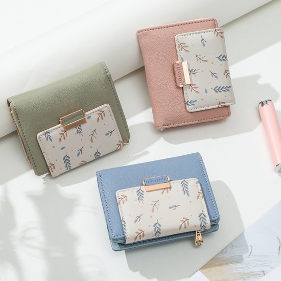 Pruti's new women's short wallet, fresh and stylish colorblock floral print, large capacity, student wallet