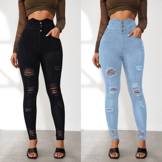 2025 New European and American Cross-Border Super High-Waisted Ripped Jeans: Tight-Leg Slimming Skinny Pants for Women