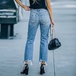 2023 new European and American cross-border spring ripped jeans for women, washed, ripped, raw-edged, beggar pants in stock for wholesale