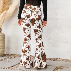Factory Direct 2023 New European and American Women's Jeans, White Background Print, Brown High-Waisted, Flared, In-Stock Wholesale