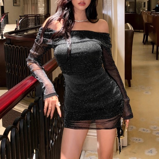 New, stylish, slim-fitting, hip-hugging mesh dress with a one-piece strapless top.
