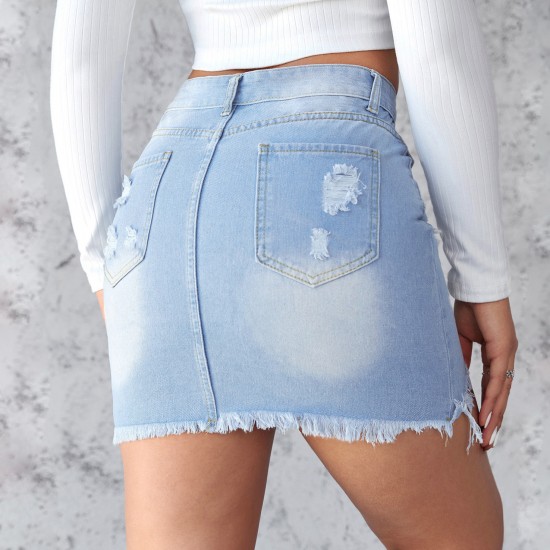 European and American Cross-border 2025 Summer New Slim-Fit Ripped Denim Skirt for Women Light-Color Washed Raw-Edge A-Line Skirt