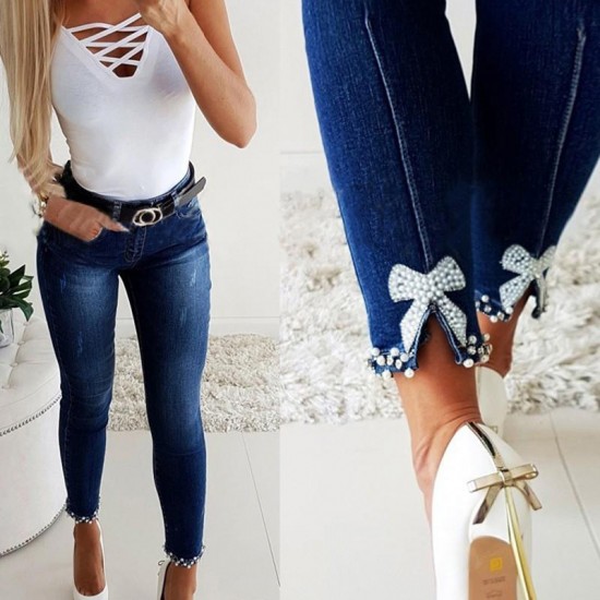 Factory direct cross-border European and American slim-fit jeans for women, butterfly-embellished, beaded slit skinny pencil pants