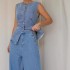 2025 fashionable washed sleeveless vest and trousers set, high-waisted, slimming, wide-leg denim trousers for women.