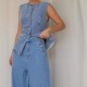 2025 fashionable washed sleeveless vest and trousers set, high-waisted, slimming, wide-leg denim trousers for women.