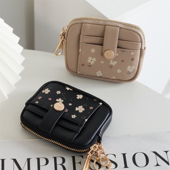 PRETTYZYS Korean-style, fresh and sweet printed, multi-card slot zippered mini women's coin purse with small hook