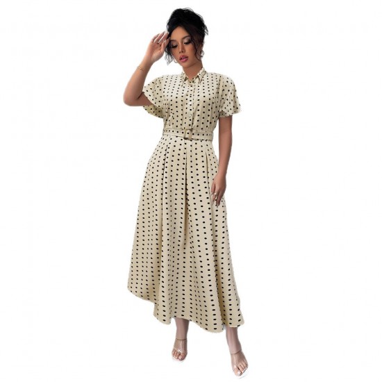 European and American women's polka-dot retro short-sleeved maxi dresses with a belt and decorative buckle for a slimming, fashionable dress.