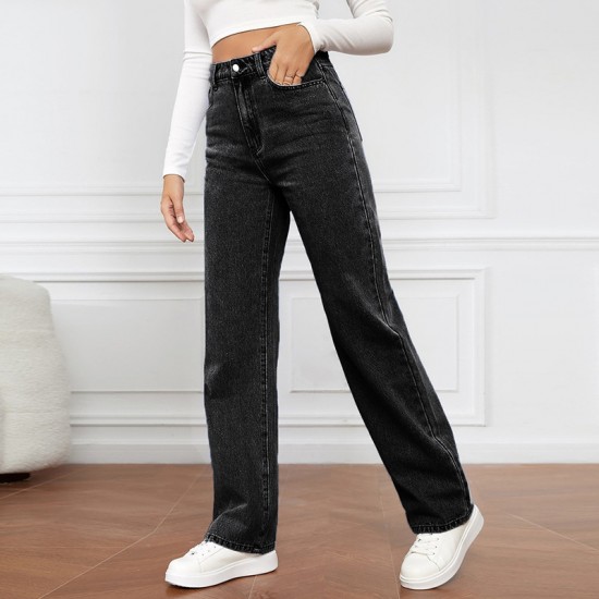 2025 new cross-border European and American high-waisted washed women's jeans, Amazon's fashionable and versatile long straight-leg pants.