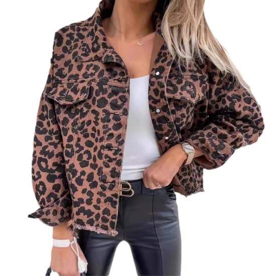 2025 new European and American spring and autumn denim jackets, leopard print, long-sleeved, short, loose-fitting, casual jackets for women, now in stock.