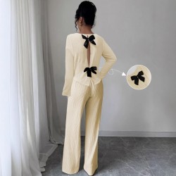 Women's suit with a hollowed-out bow at the back, 2025 summer elegant round-neck long-sleeved top and trousers, two-piece set.