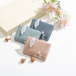 Pruti's new women's short wallet, Korean print, zipper, leaf clasp, student wallet with large capacity
