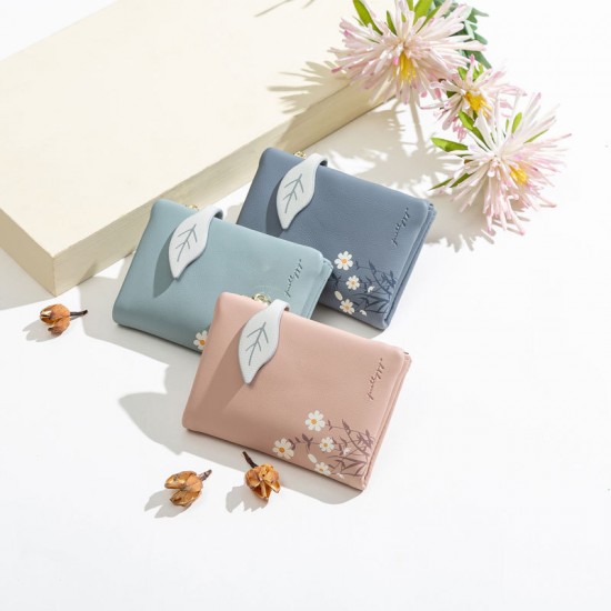 Pruti's new women's short wallet, Korean print, zipper, leaf clasp, student wallet with large capacity