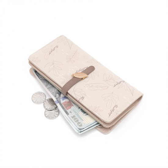 Lianbu women's long multifunctional Korean style PU clutch, large capacity, leaf print buckle zipper wallet
