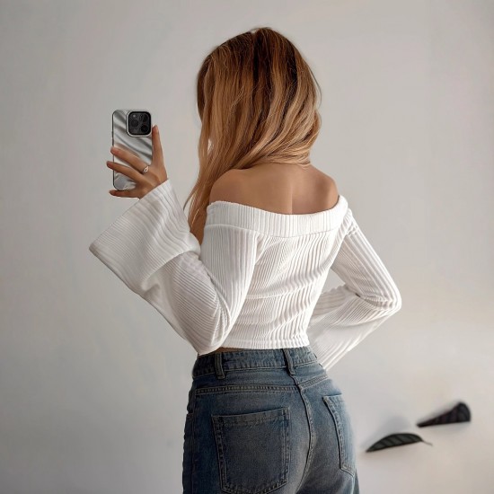 Slim-fitting, draped, long-sleeved, solid-color top and shirt