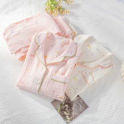 Spring and summer women's nightgown, pure cotton gauze three-quarter sleeves, thin loungewear, mid-length, short-sleeved, loose nightgown.