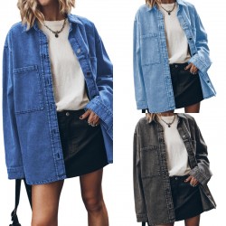 European and American Retro Hong Kong Style Lapel Denim Jacket for Women, Blue Large Pocket Loose Casual Shirt
