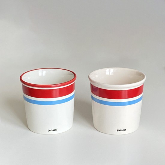 Cute striped blue gaming KT coffee cup, homemade simple cartoon hand-painted ceramic flip-top mug