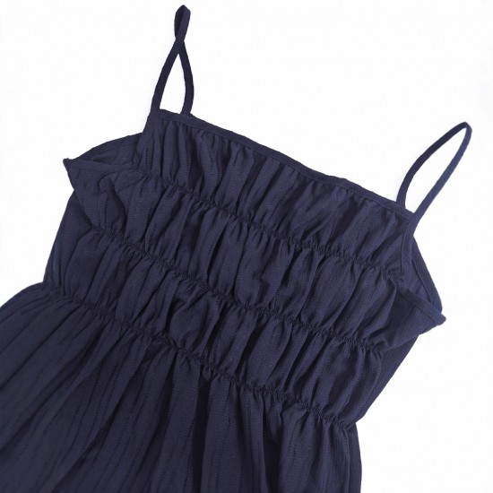Suspender pleated waisted, slimming dark blue retro wide-leg pants, two-piece suit for women, casual straight pants, versatile set.