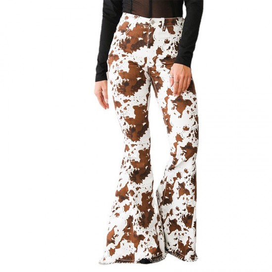 Factory Direct 2023 New European and American Women's Jeans, White Background Print, Brown High-Waisted, Flared, In-Stock Wholesale