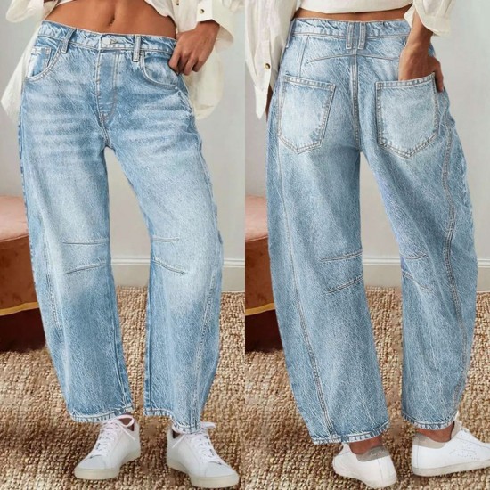 Cross-border 2025 new European and American retro banana pants, loose-fitting scimitar trousers, wide-leg pants, mid-rise straight-leg jeans for women