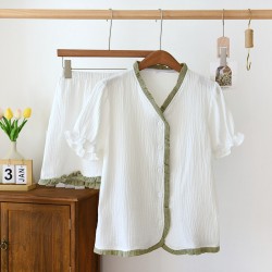 New women's nightgown, pure cotton washed cotton gauze long-sleeved bath skirt, mid-length crepe, spring and autumn loose loungewear.