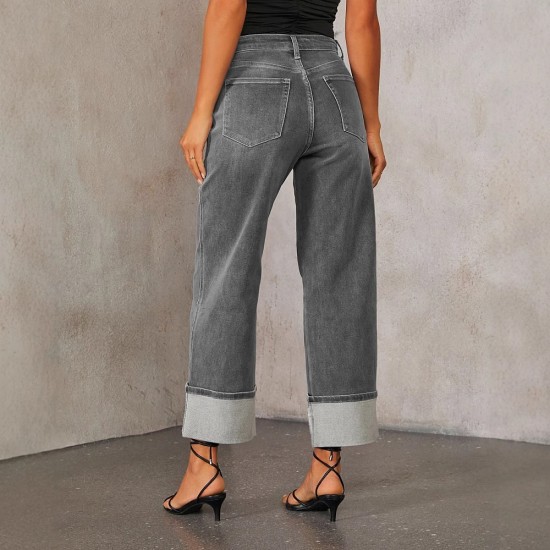 Amazon cross-border 2025 spring and summer new stretch straight jeans for women, quality retro high-waisted trousers with cuffs