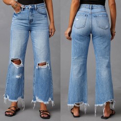 2025 cross-border new wide-leg pants, tasseled, washed, tie-dyed, ripped high-waisted jeans, straight-leg casual trousers for women.