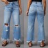 2025 cross-border new wide-leg pants, tasseled, washed, tie-dyed, ripped high-waisted jeans, straight-leg casual trousers for women.
