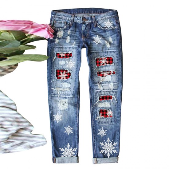 2025 European and American cross-border straight jeans for women, Christmas snowflake print patchwork ripped denim pants in stock