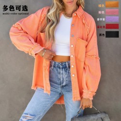 Factory direct 2025 Autumn European and American long-sleeved denim jacket for women, washed, raw-edged, mid-length, loose-fitting jacket in stock.
