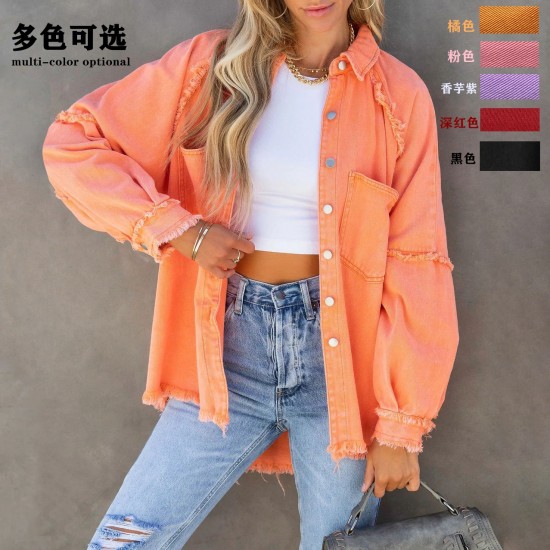 Factory direct 2025 Autumn European and American long-sleeved denim jacket for women, washed, raw-edged, mid-length, loose-fitting jacket in stock.