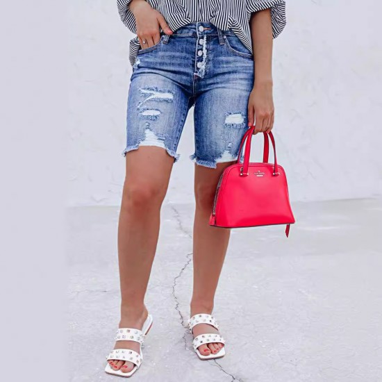 2025 Amazon Cross-Border Slim-Fit Buttoned Denim Shorts: Streetwear Ripped Raw-Edged Skinny Shorts for Women