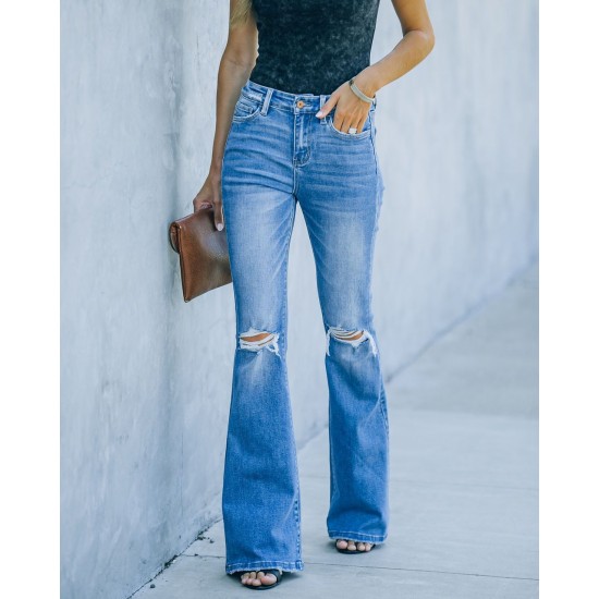 Factory direct sales: American-style flared women's stretch jeans, high-waisted, slimming, 2023 new foreign trade ripped jeans