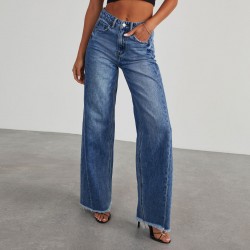 2025 new cross-border Amazon independent foreign trade women's denim trousers. Washed wide-leg denim pants