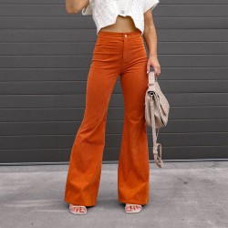 Factory Direct Cross-Border European and American 2025 Spring and Autumn Women's Solid Color Mid-Rise Slim Flared Corduroy Casual Pants