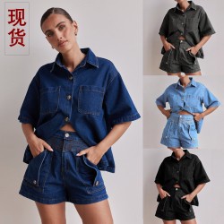 Amazon Foreign Trade Cross-Border 2025 Summer European and American women's casual retro loose shirt and denim shorts set