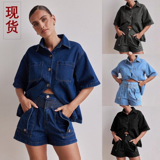 Amazon Foreign Trade Cross-Border 2025 Summer European and American women's casual retro loose shirt and denim shorts set