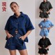 Amazon Foreign Trade Cross-Border 2025 Summer European and American women's casual retro loose shirt and denim shorts set