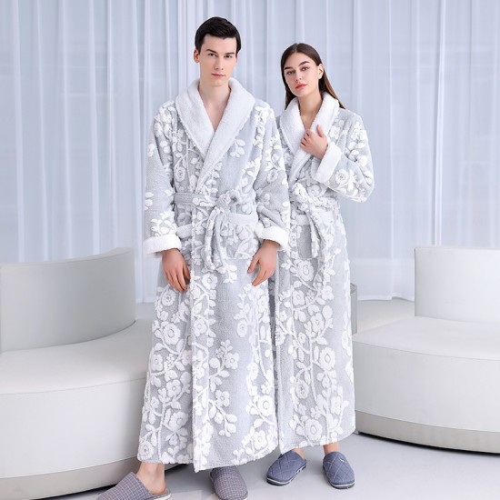 Autumn and winter new silver-gray double-layer thickened jacquard cotton velvet nightgown for men, long plus-length velvet bathrobe for women